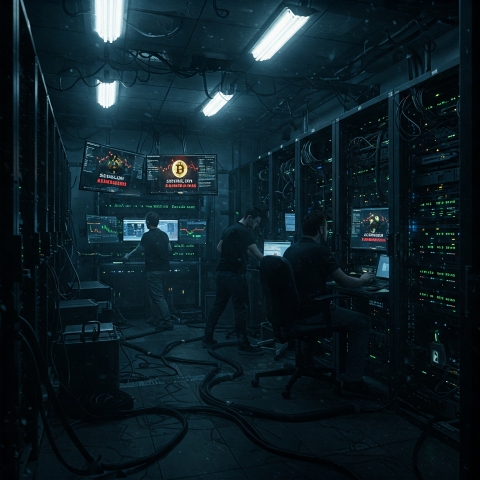 AI rendition of a crypto currency exchange being extorted.